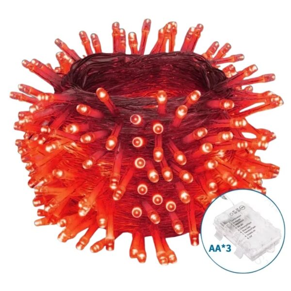 Lampki na baterie czerwone, przezroczysty kabel, 50 led, 5m, 8 trybów, timer, 3xAA