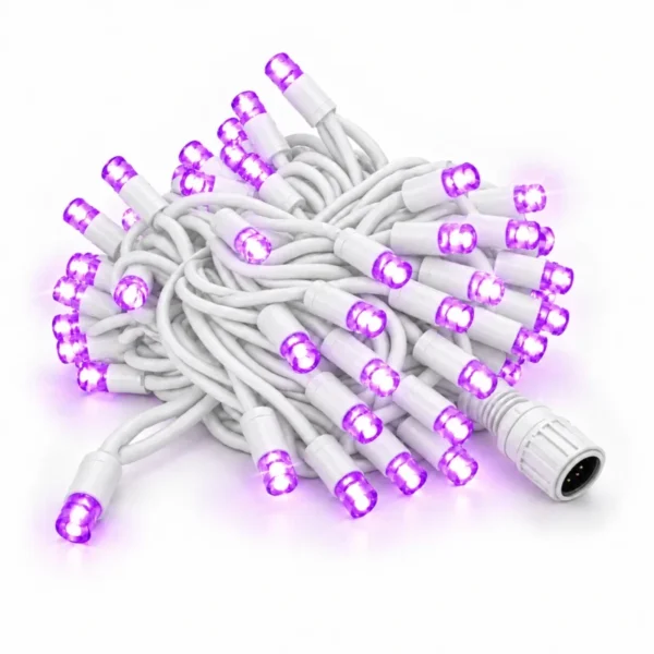 Lampki fioletowe zewnętrzne, 10m 100 LED, biały kabel, System PRO IP67