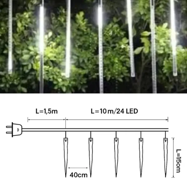 Stalaktyty LED, spadające meteory, białe zimne, 24 tuby, 10m, 24V